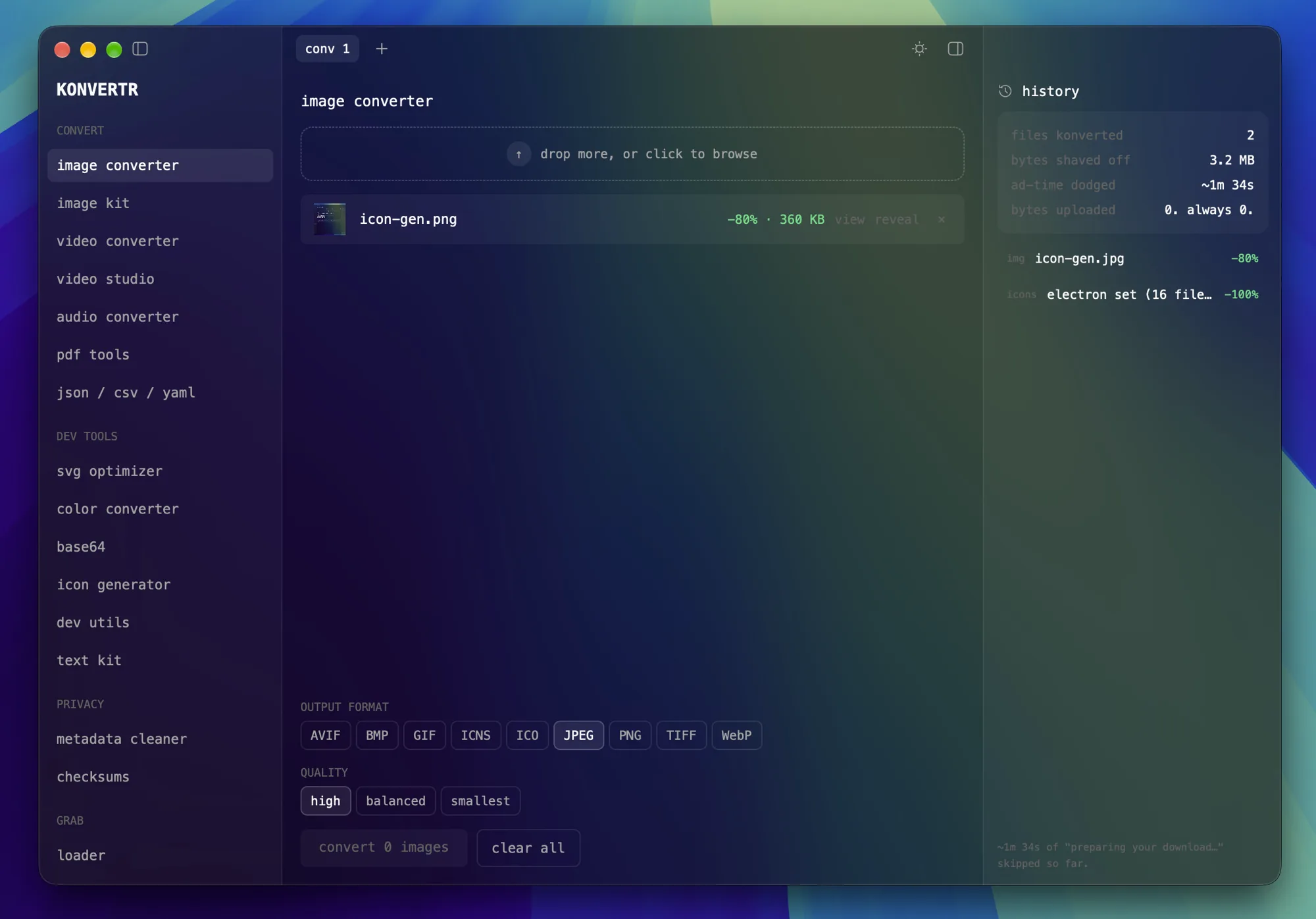 Konvertr's image converter with batch rows and format options