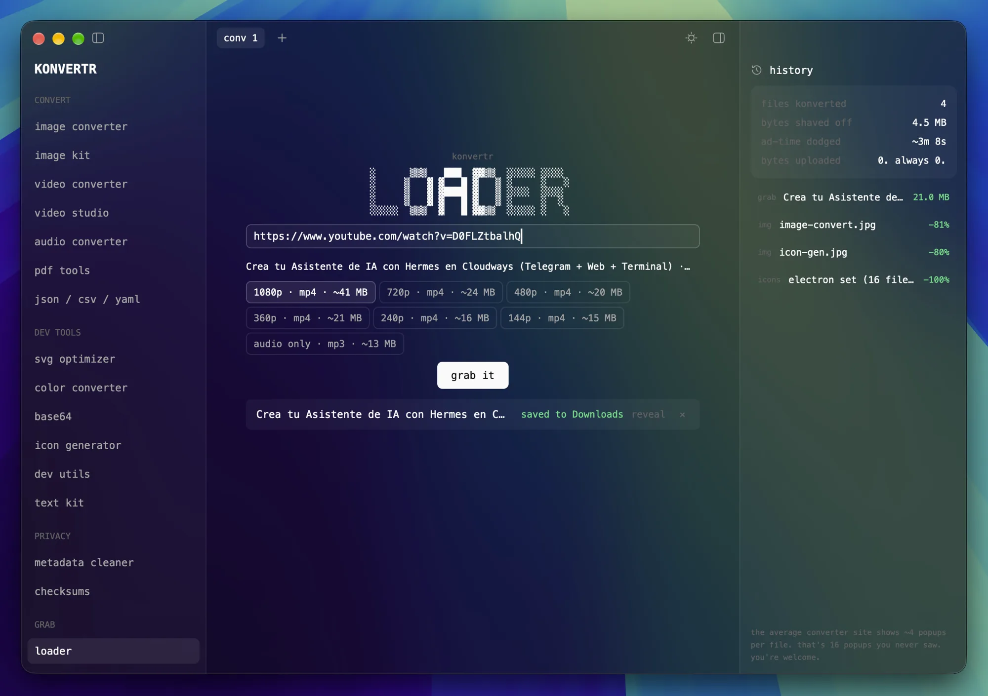 Konvertr's loader: paste a video URL and pick a resolution